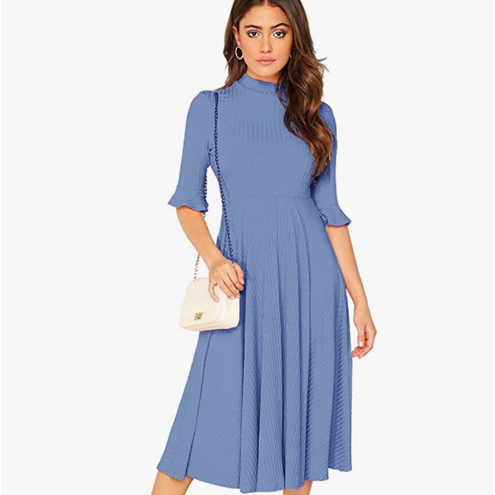 Verdusa Women's Elegant Ribbed Knit Bell Sleeve Fit and Flare Midi Dress
